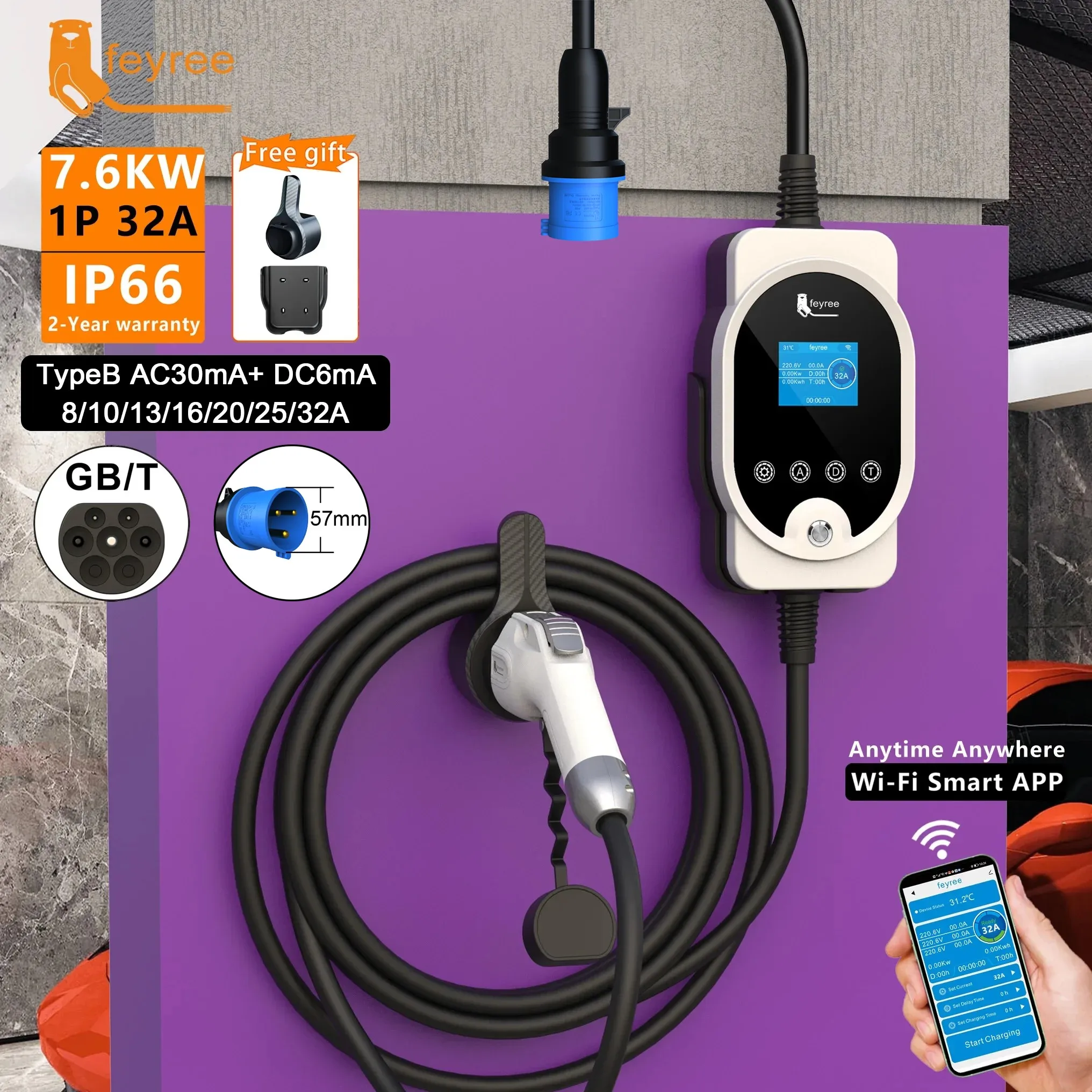 Home Ev Charger - Cargador Feyree para Vehículos Eléctricos, Enchufe
